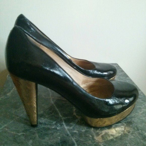 Patent Black & Gold Cork Platform Heels Size 6.5 - Picture 2 of 16